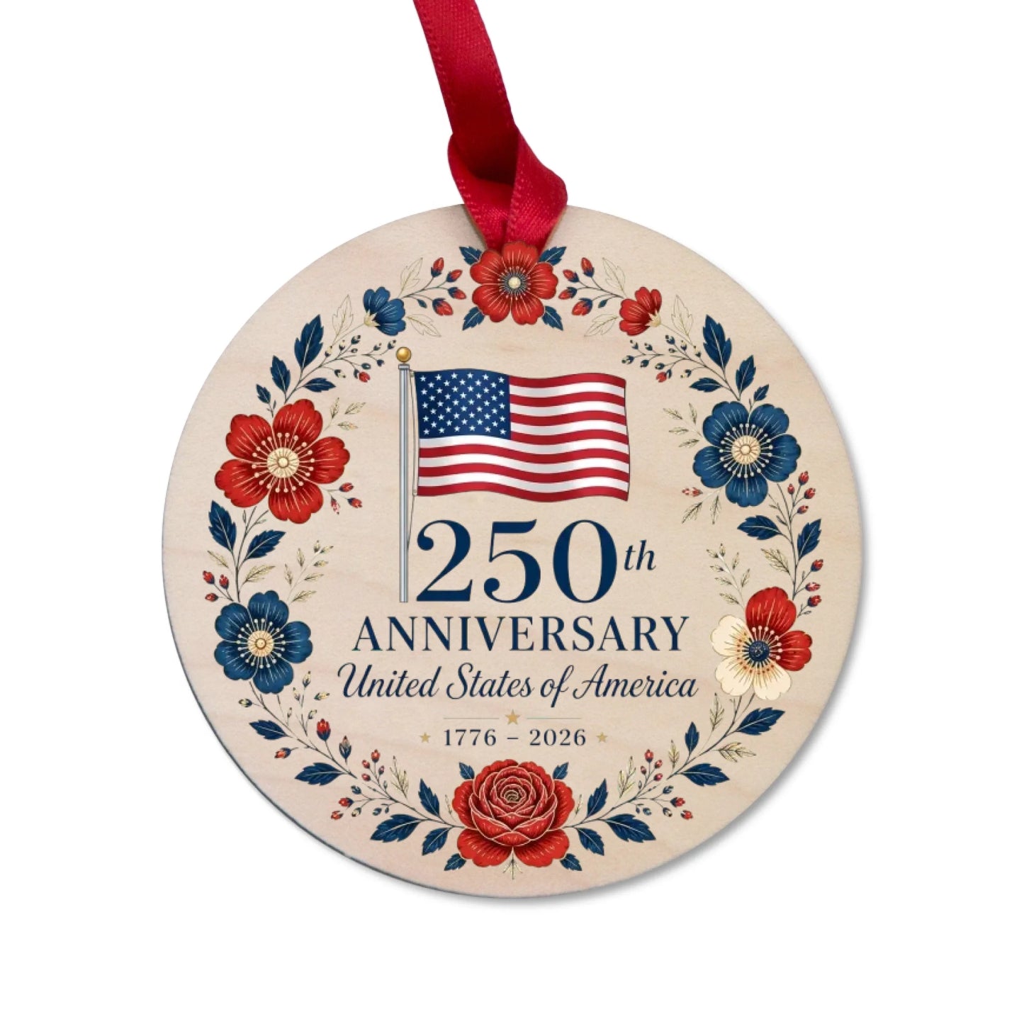 USA 250th Anniversary Ornament American Flag Floral Wreath - SKU025