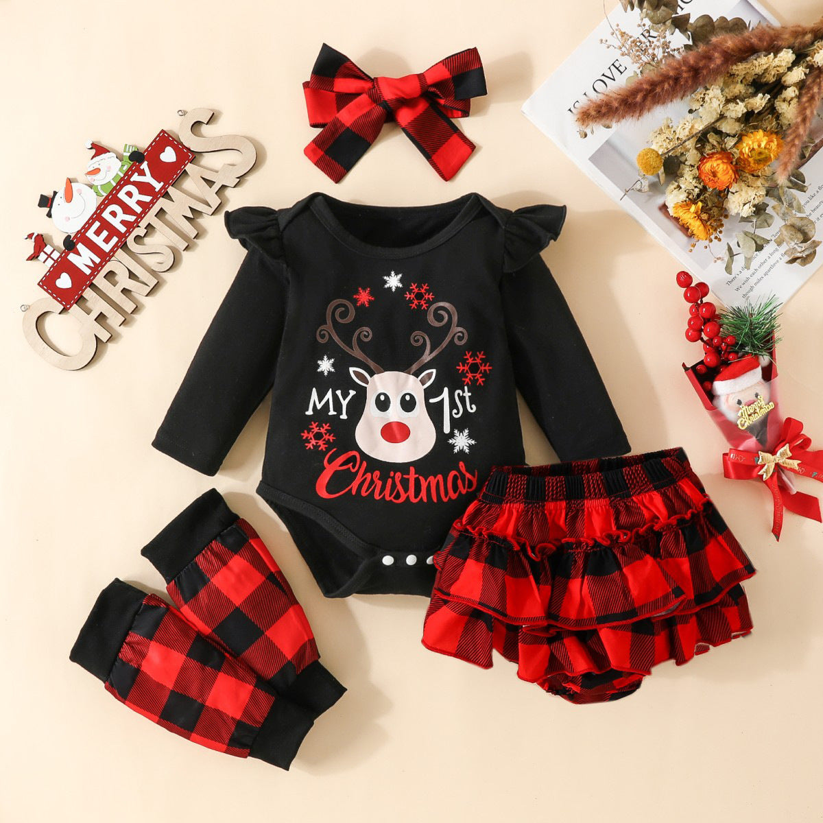 Baby Christmas Four-Piece Long Sleeve Letter Deer Head Triangle Romper + Plaid Shorts + Pants Set + Headscarf