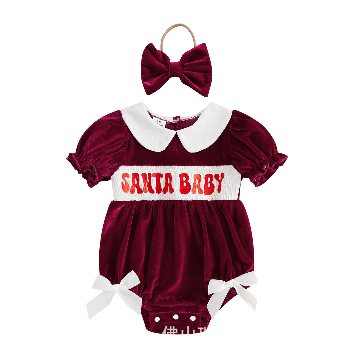 Baby Girl's Christmas Red Velvet Romper With Letter Embroidery + Bow Hair Accessory