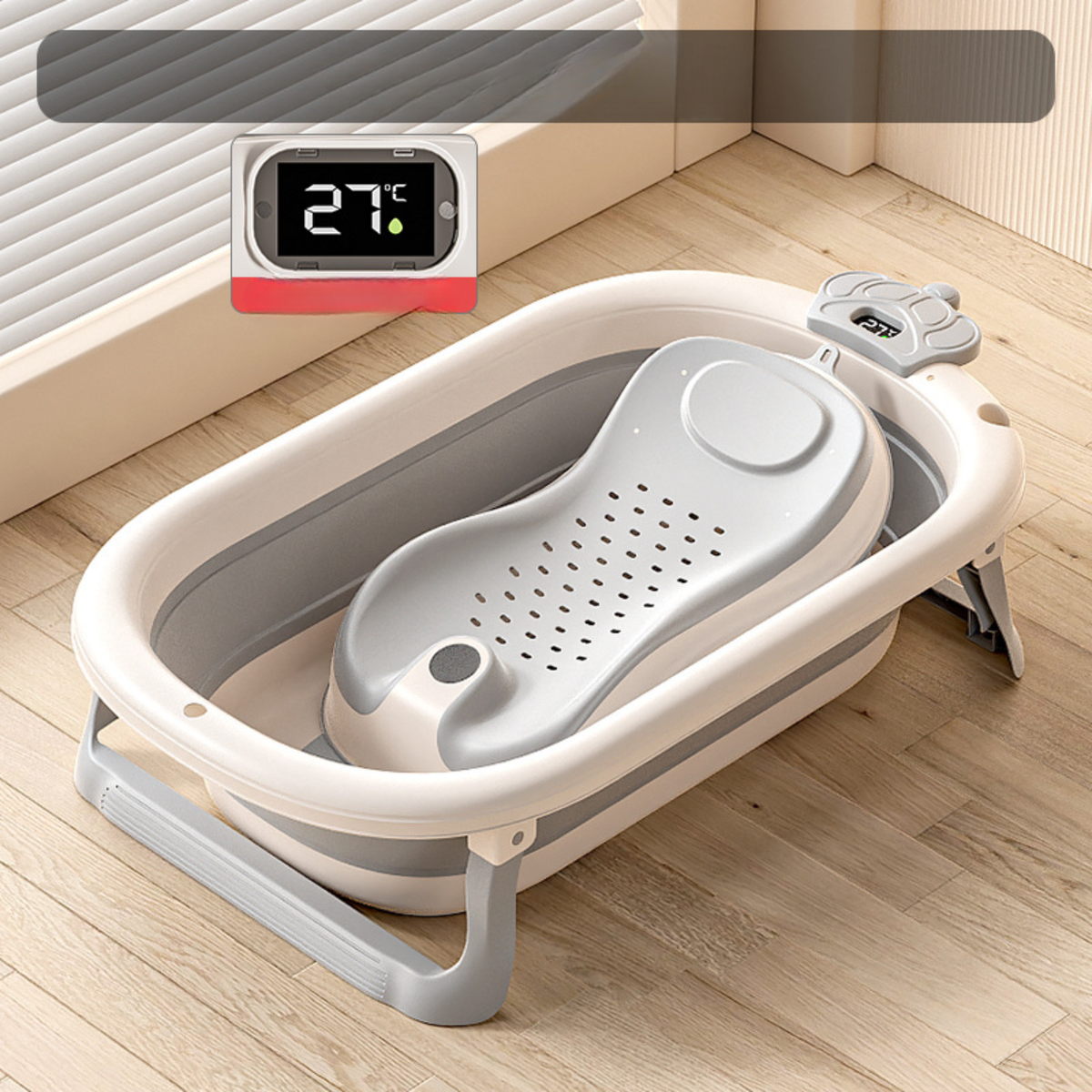 Foldable Baby Bathtub with Temperature Display & Bath Support – Space Saving Infant Toddler Tub with Non-Slip Legs