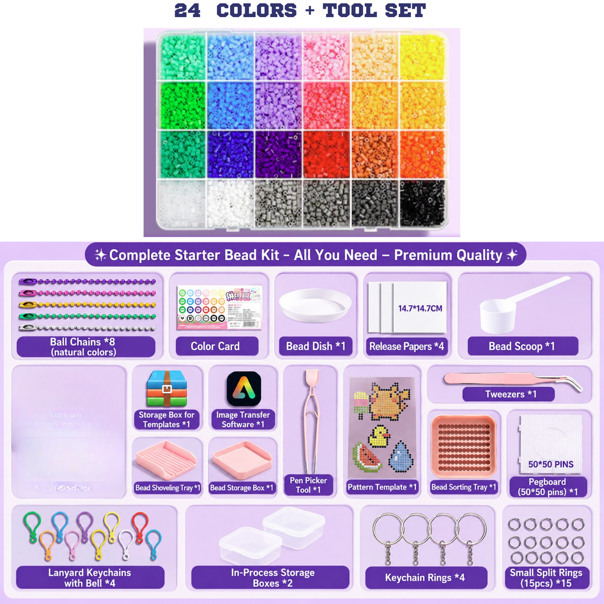 Complete Perler Bead Kit – 24 Colors, 8,400+ Pieces – DIY Pixel Art Iron-On Craft Toy – Craft Gift for Kids