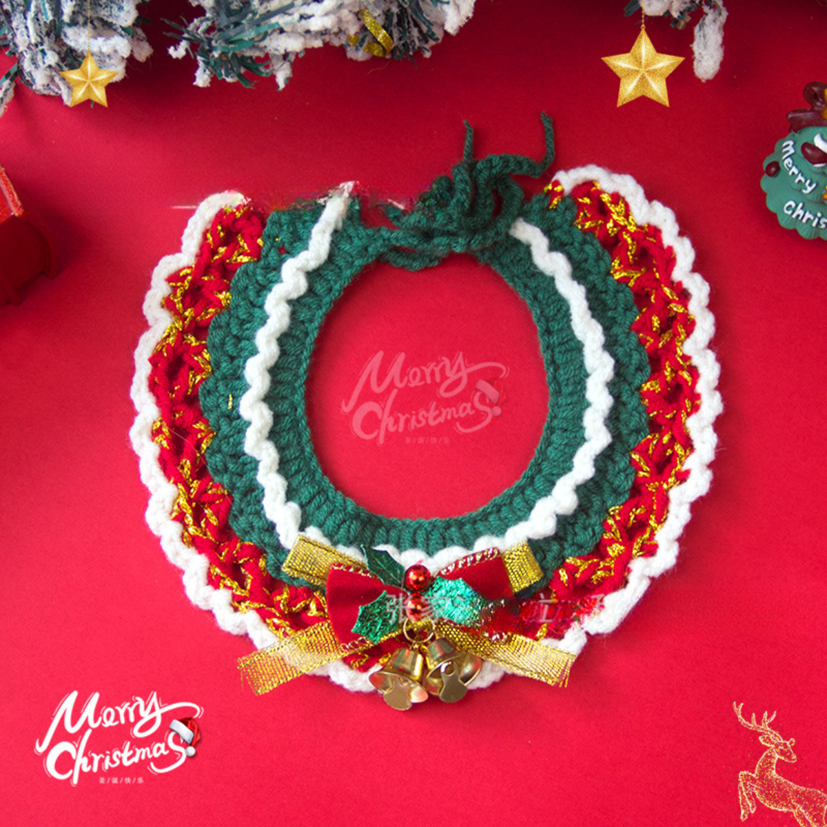 Christmas Pet Scarf Ornament for Cats and Dogs, Knitted Scarf Collar with Reindeer, Santa Claus, and Snowman Designs