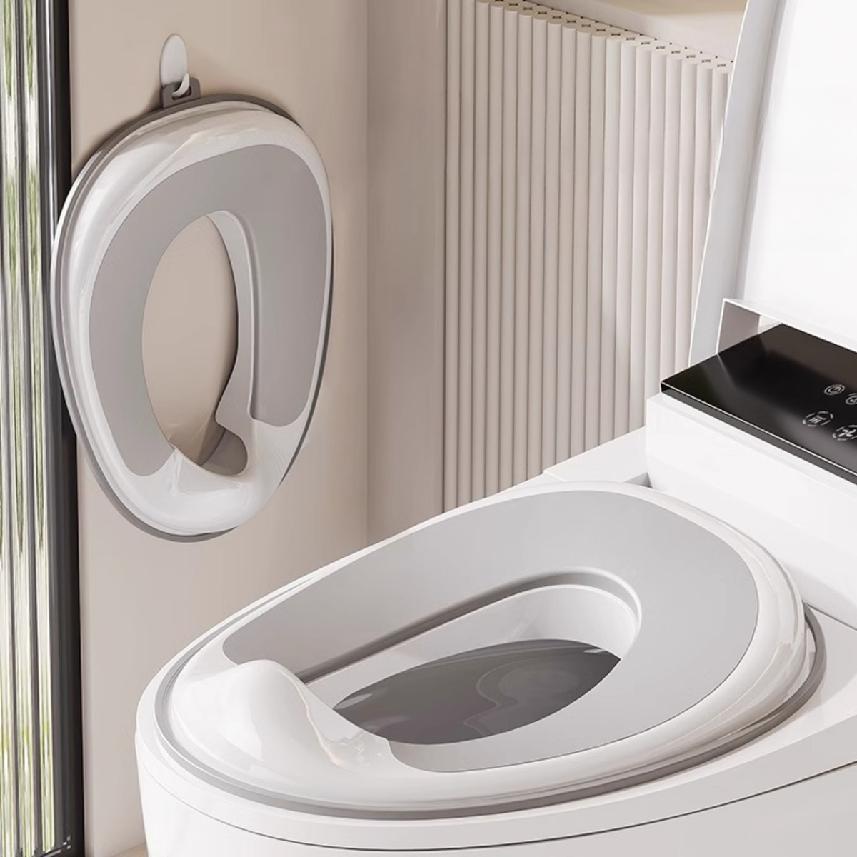 Universal Toddler Toilet Seat – No Installation Potty Training Seat with Soft Cushion, Splash Guard & Space-Saving Hanging Design