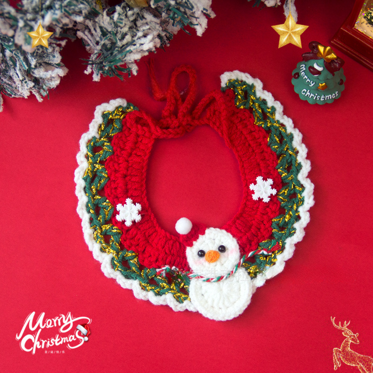 Christmas Pet Scarf Ornament for Cats and Dogs, Knitted Scarf Collar with Reindeer, Santa Claus, and Snowman Designs