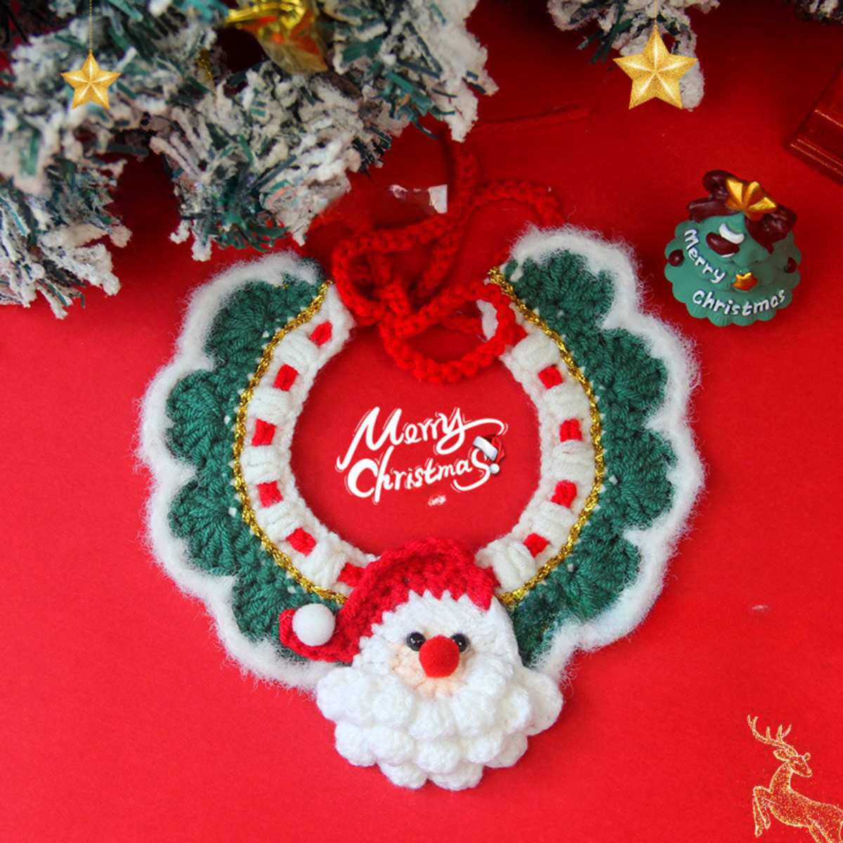 Christmas Pet Scarf Ornament for Cats and Dogs, Knitted Scarf Collar with Reindeer, Santa Claus, and Snowman Designs