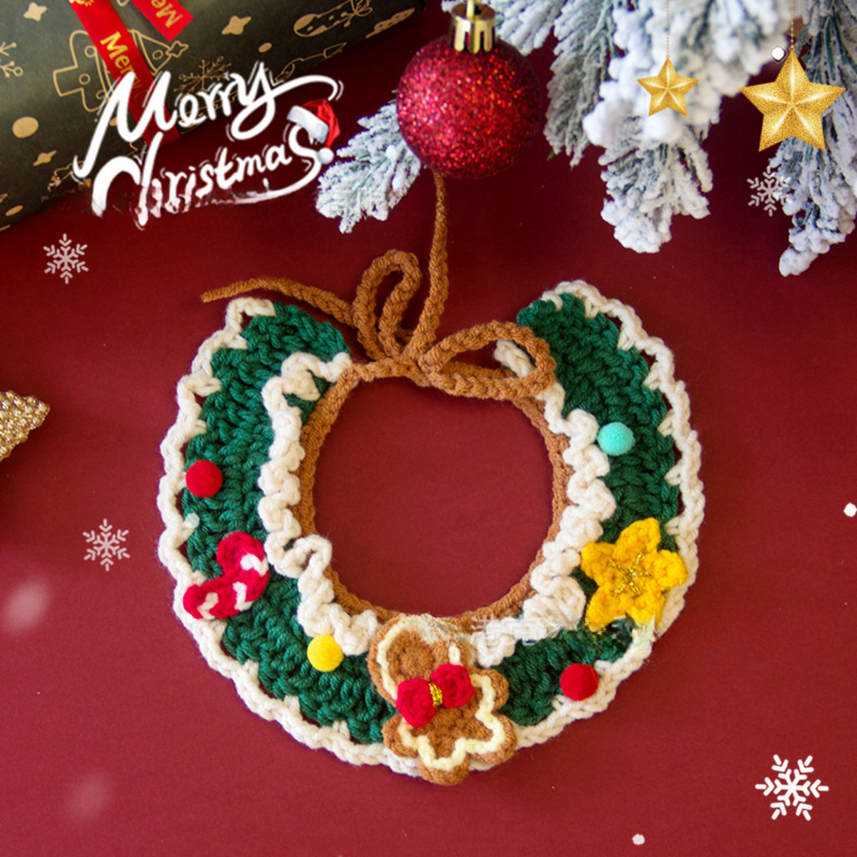 Christmas Pet Scarf Ornament for Cats and Dogs, Knitted Scarf Collar with Reindeer, Santa Claus, and Snowman Designs