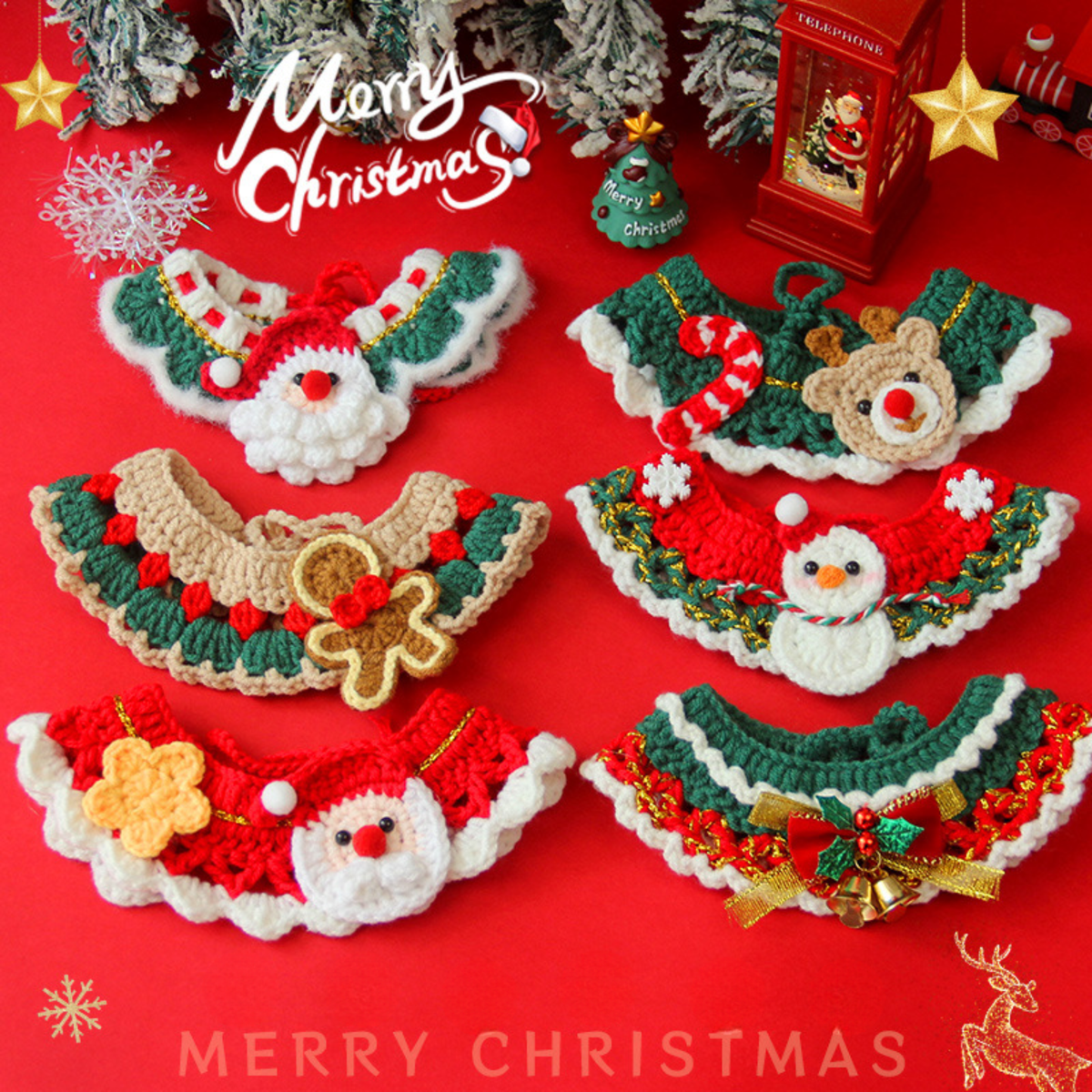 Christmas Pet Scarf Ornament for Cats and Dogs, Knitted Scarf Collar with Reindeer, Santa Claus, and Snowman Designs