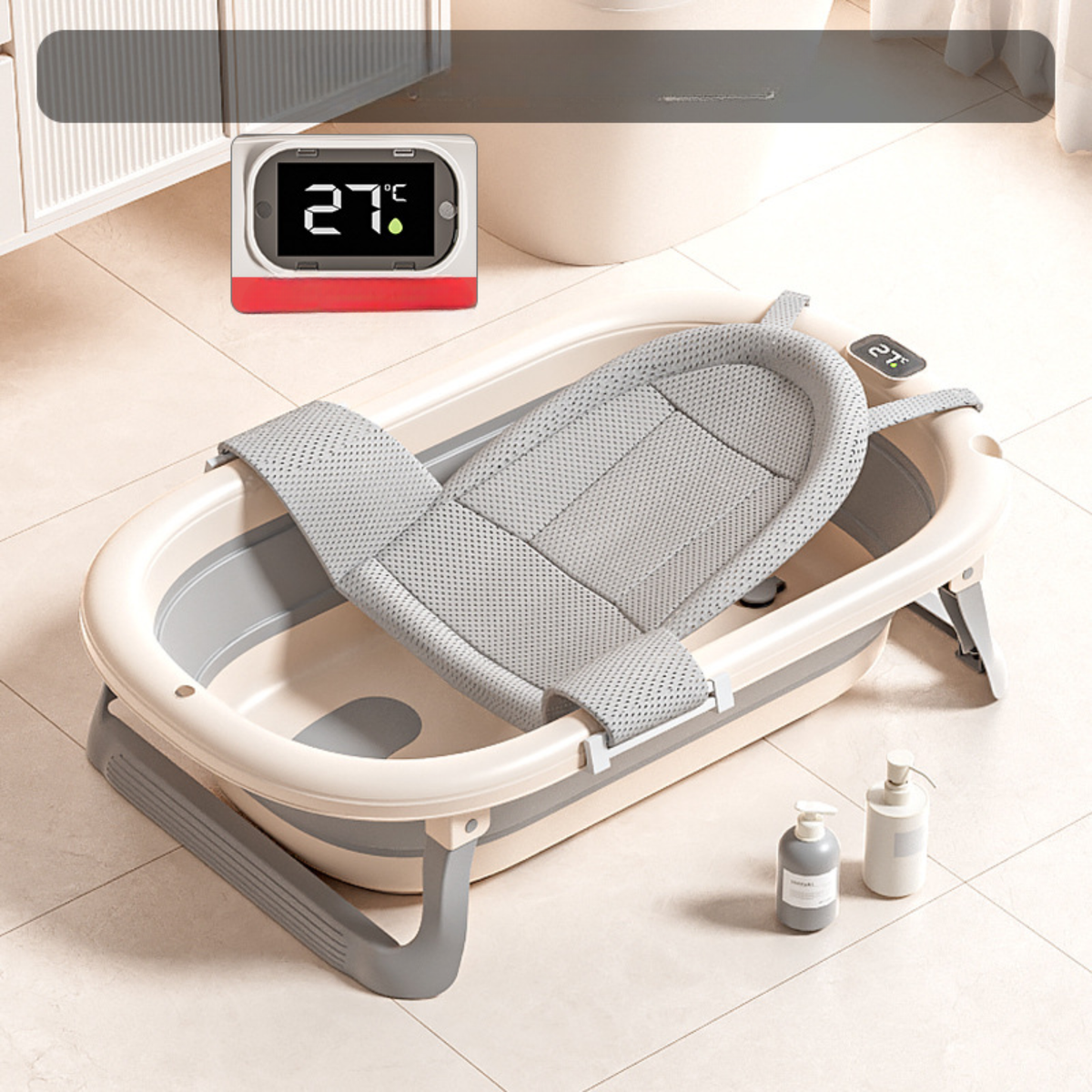 Foldable Baby Bathtub with Temperature Display & Bath Support – Space Saving Infant Toddler Tub with Non-Slip Legs