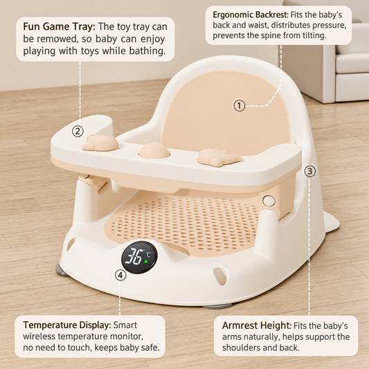 Baby Bath Seat with Temperature Display – 360° Support Bath Chair with Removable Toy Tray & Ergonomic Backrest