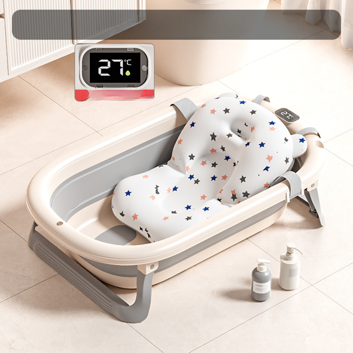 Foldable Baby Bathtub with Temperature Display & Bath Support – Space Saving Infant Toddler Tub with Non-Slip Legs