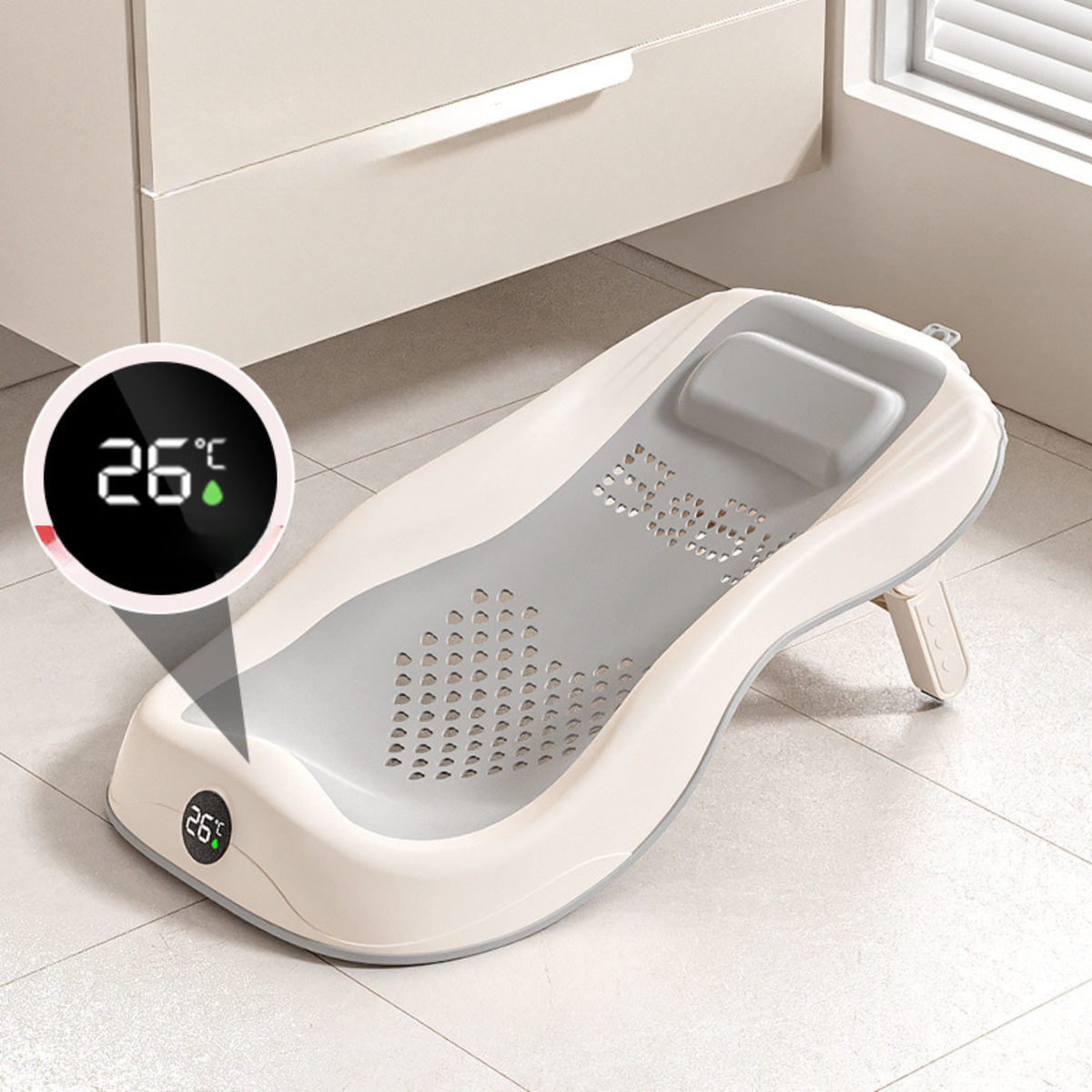 Foldable Baby Bath Support Seat with Digital Thermometer – 3-Level Adjustable Newborn Bath Lounger