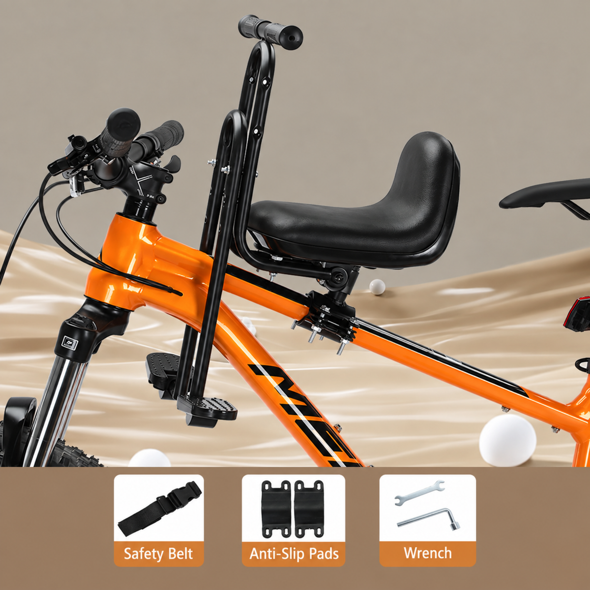 Front Mounted Child Bike Seat with Safety Guard & Footrests – Adjustable Kids Bicycle Seat