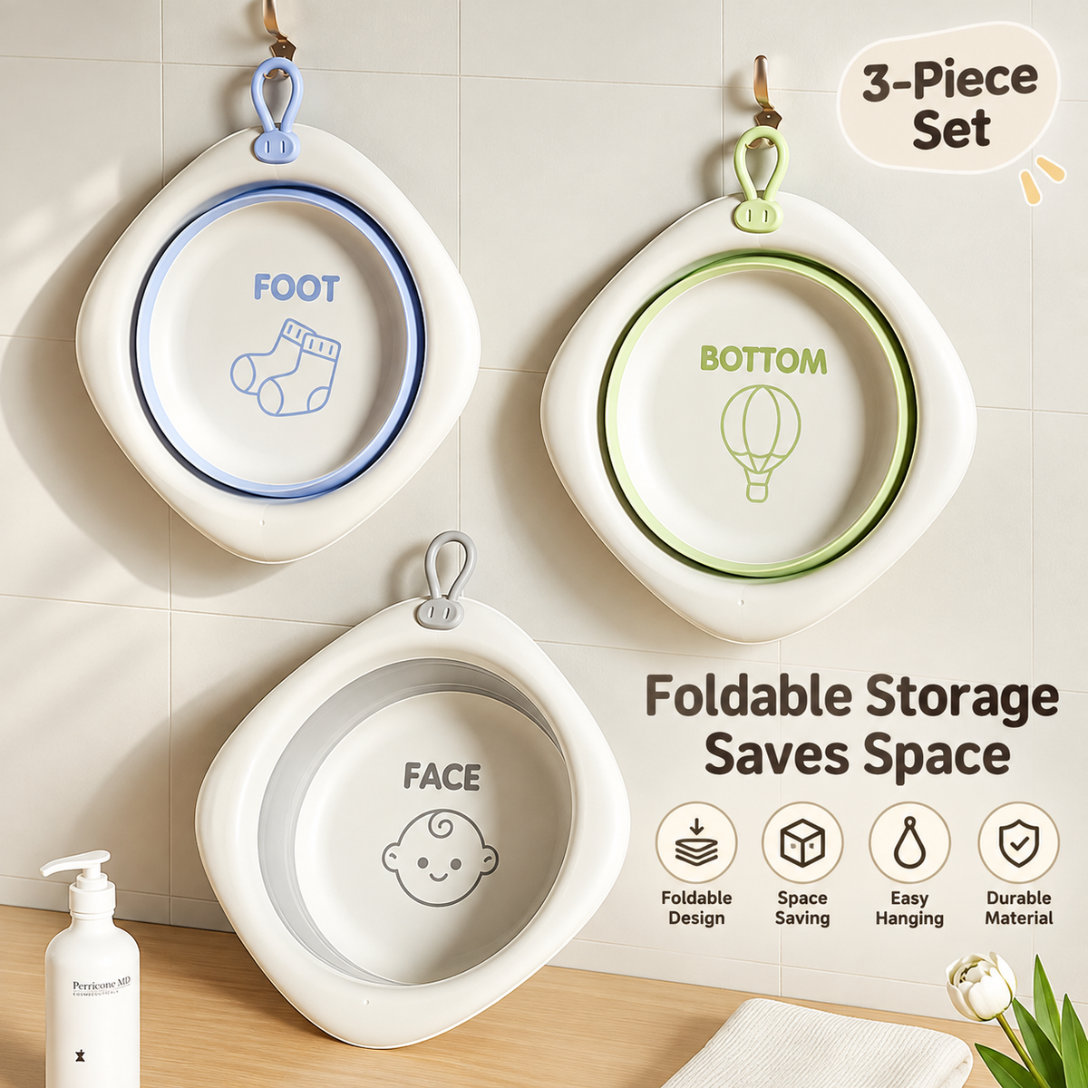 3-Piece Baby Foldable Wash Basin Set – Face, Foot & Bottom Care
