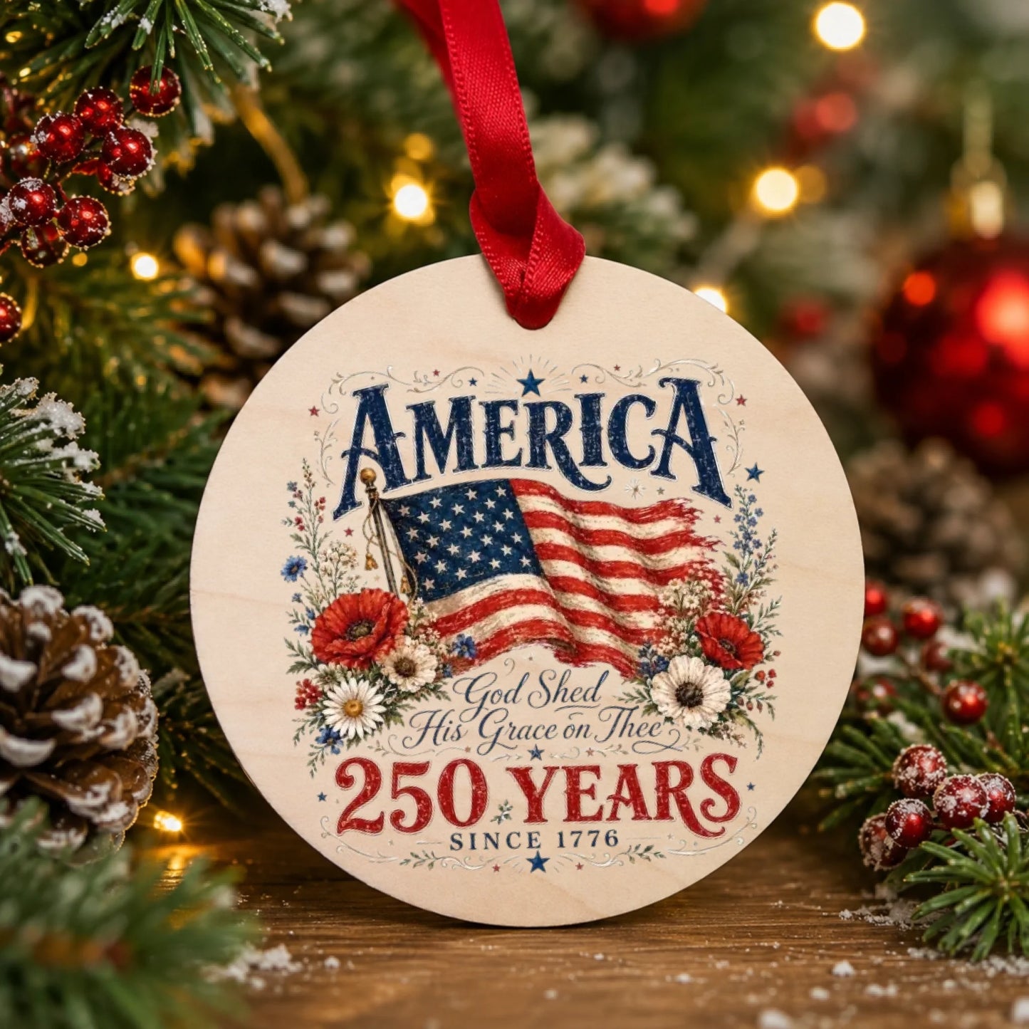 America 250 Years Patriotic Ornament 1776 2026 Flag Floral Wreath - SKU026
