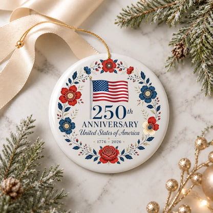 USA 250th Anniversary Ornament American Flag Floral Wreath - SKU025