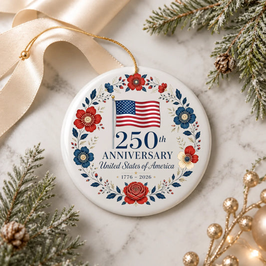 USA 250th Anniversary Ornament American Flag Floral Wreath - SKU025