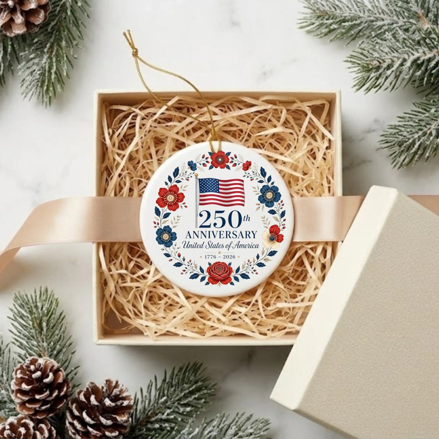 USA 250th Anniversary Ornament American Flag Floral Wreath - SKU025