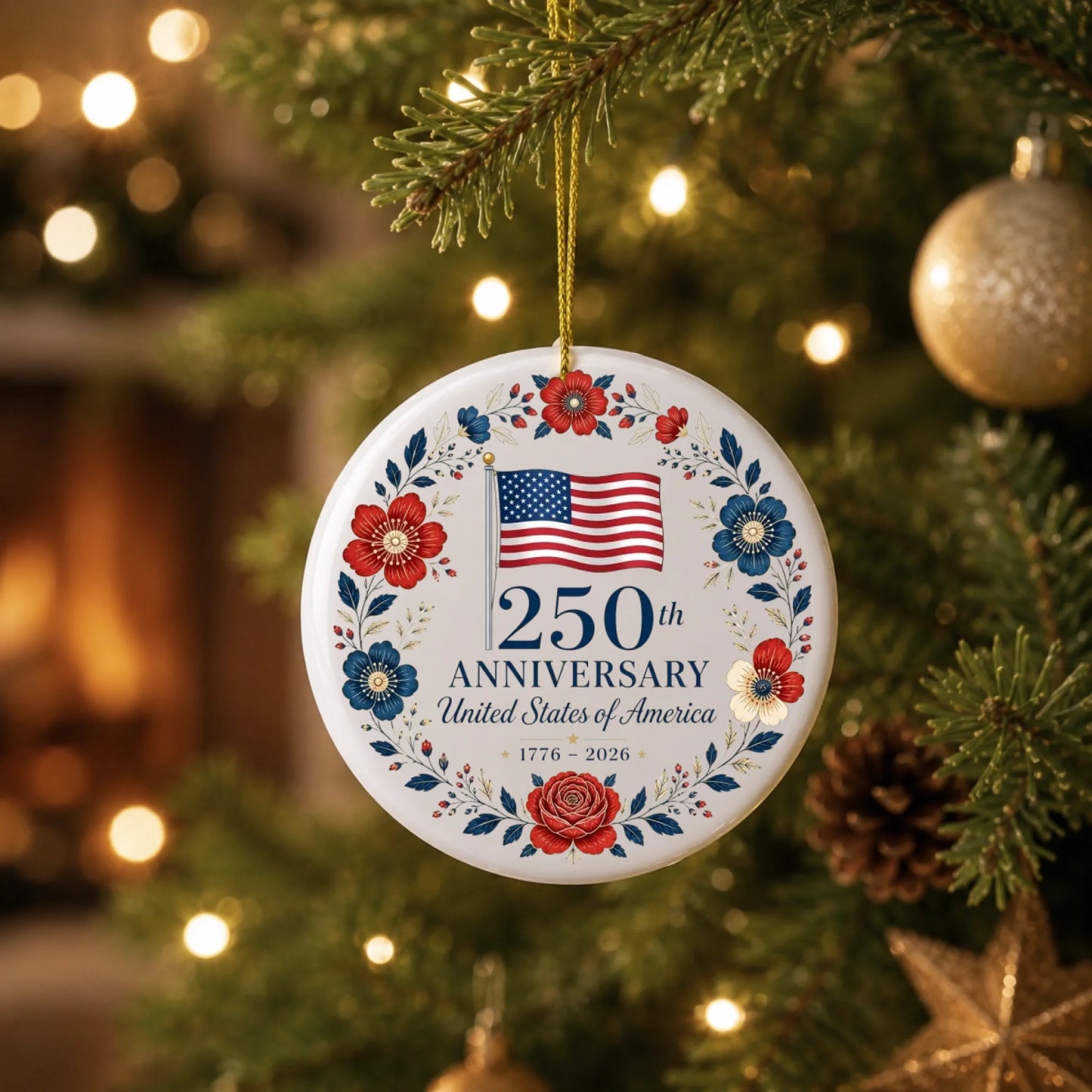 USA 250th Anniversary Ornament American Flag Floral Wreath - SKU025