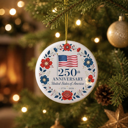 USA 250th Anniversary Ornament American Flag Floral Wreath - SKU025