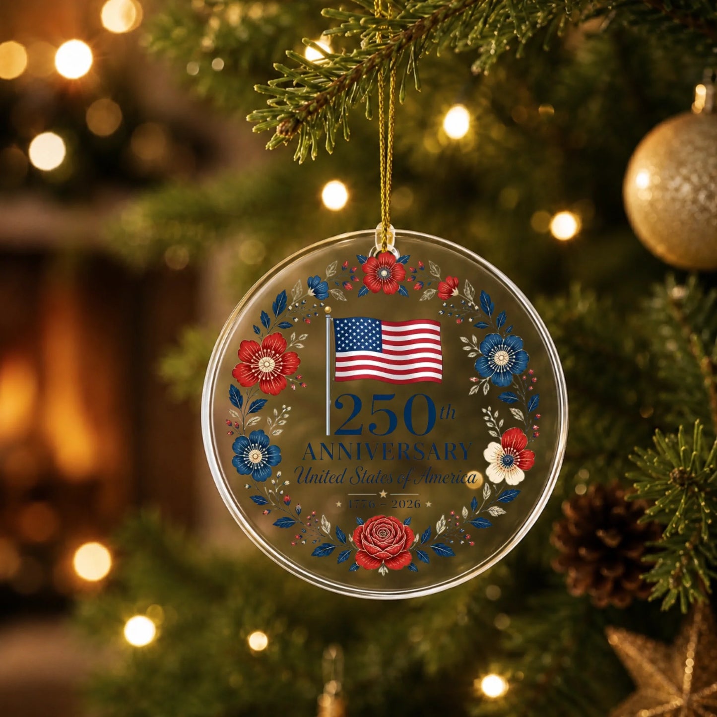 USA 250th Anniversary Ornament American Flag Floral Wreath - SKU025
