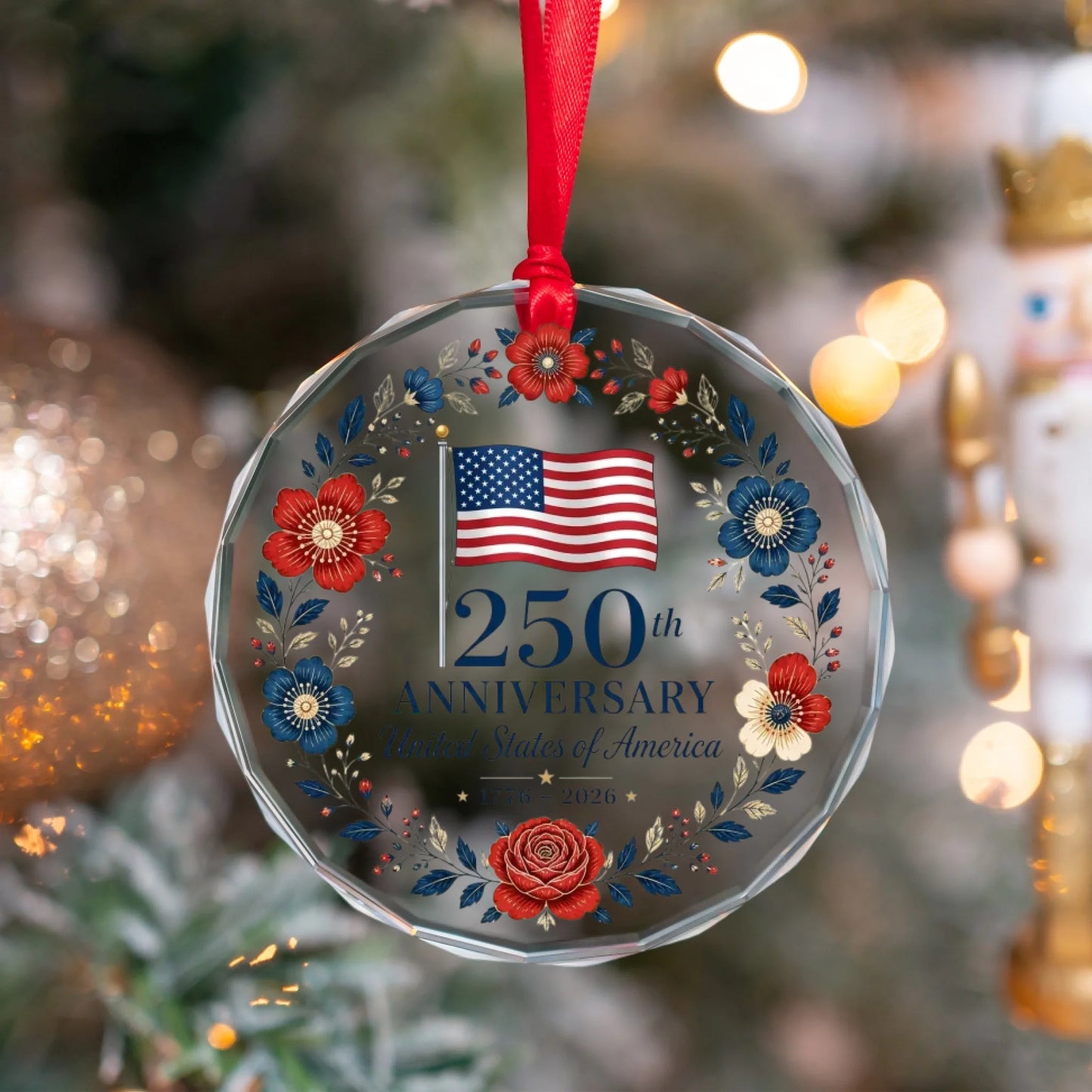 USA 250th Anniversary Ornament American Flag Floral Wreath - SKU025