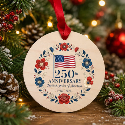 USA 250th Anniversary Ornament American Flag Floral Wreath - SKU025