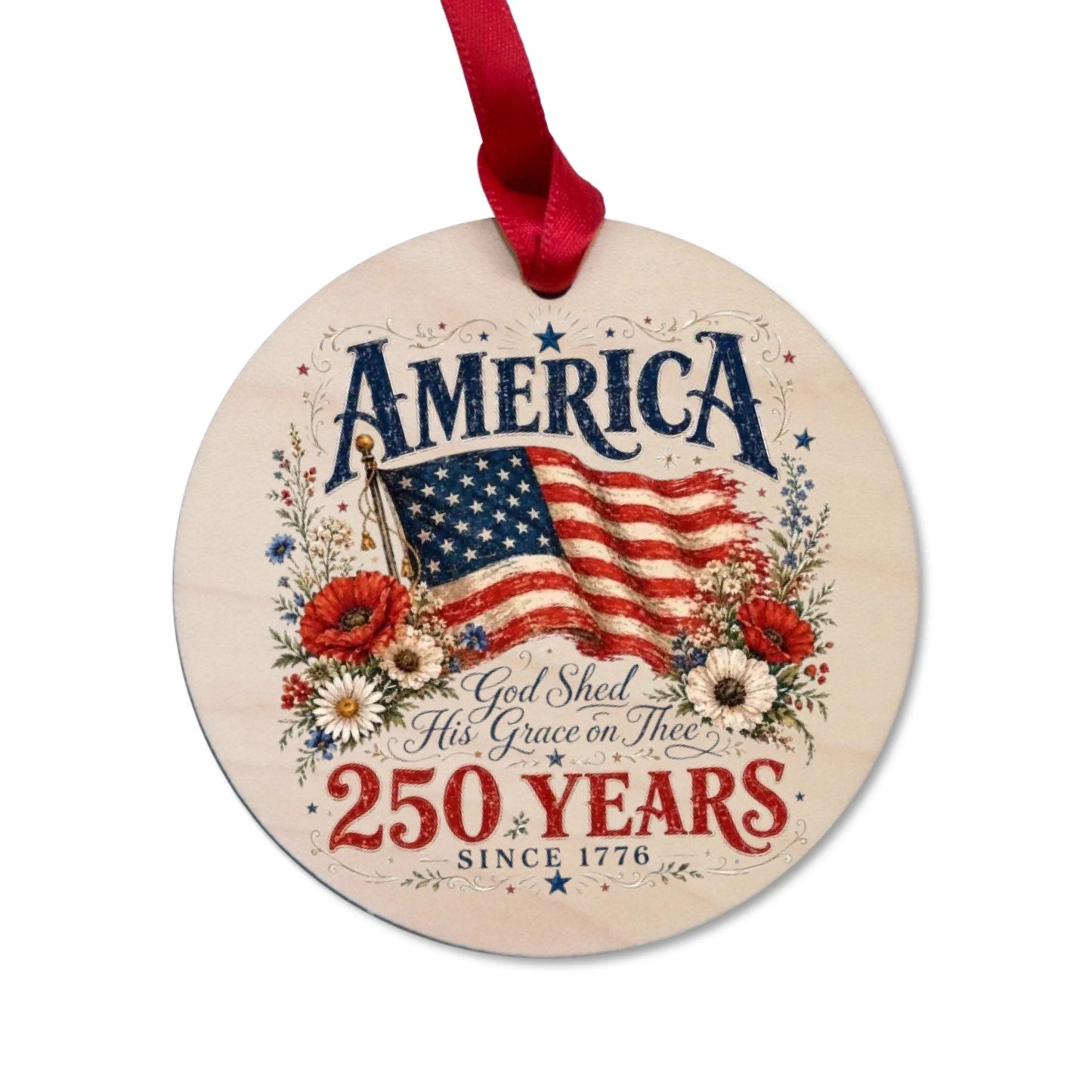 America 250 Years Patriotic Ornament 1776 2026 Flag Floral Wreath - SKU026