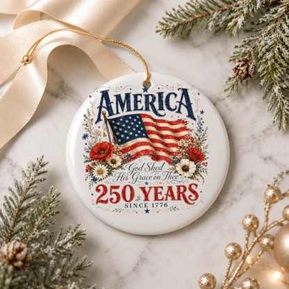 America 250 Years Patriotic Ornament 1776 2026 Flag Floral Wreath - SKU026
