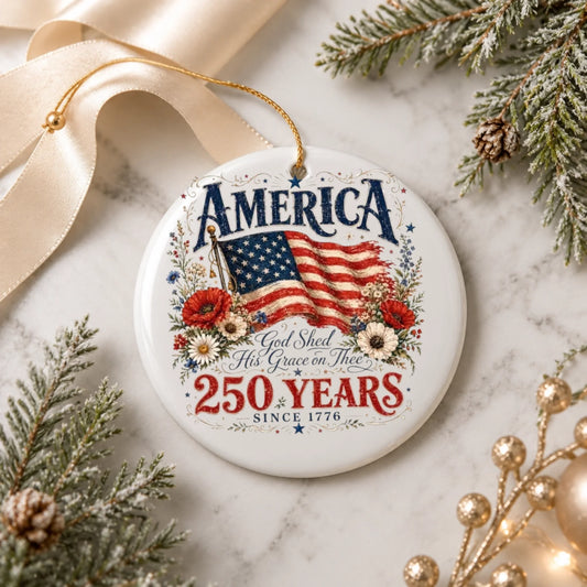 America 250 Years Patriotic Ornament 1776 2026 Flag Floral Wreath - SKU026