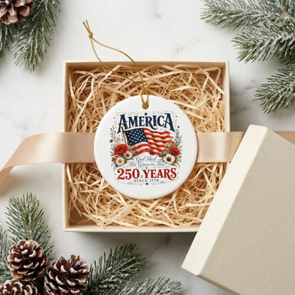 America 250 Years Patriotic Ornament 1776 2026 Flag Floral Wreath - SKU026