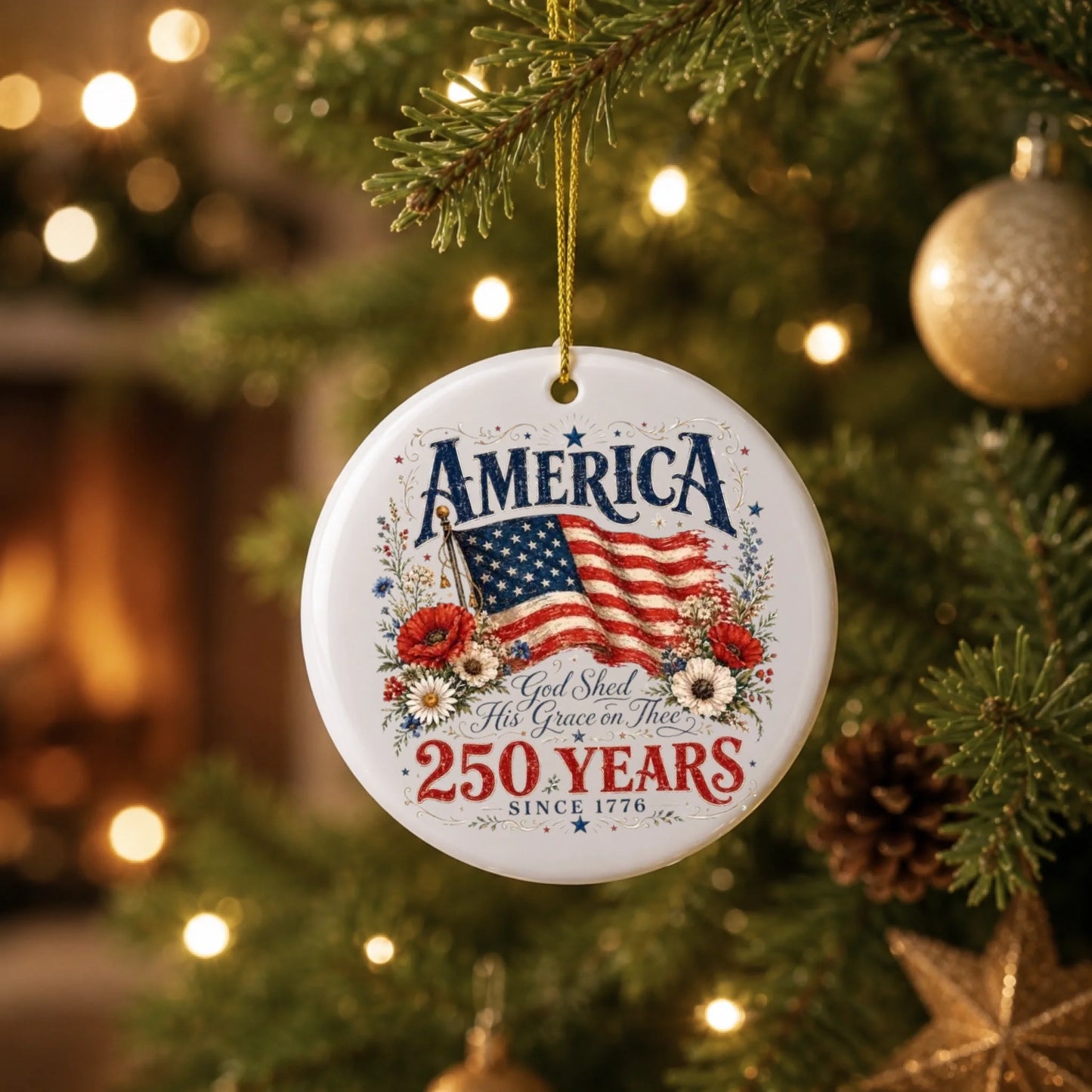 America 250 Years Patriotic Ornament 1776 2026 Flag Floral Wreath - SKU026