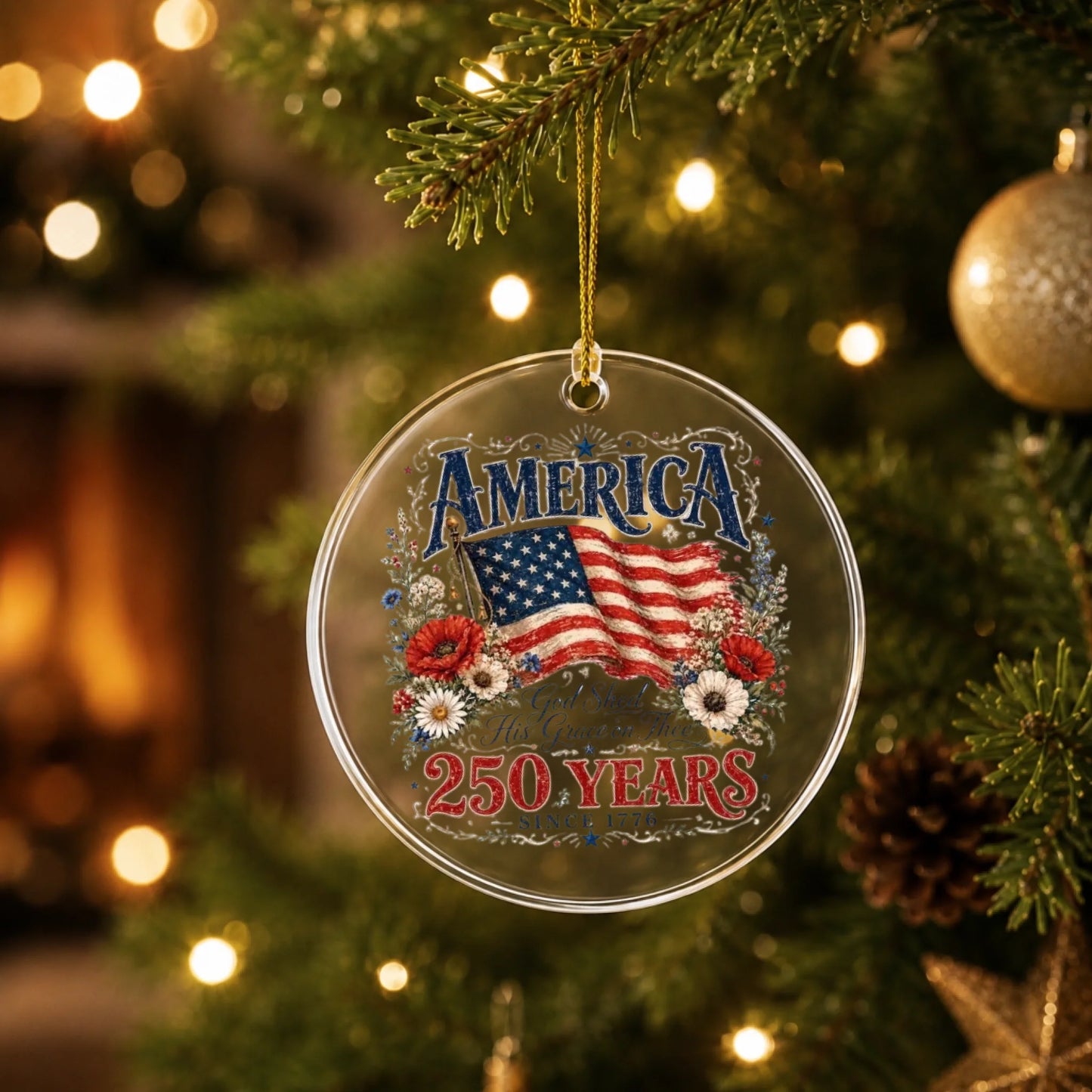 America 250 Years Patriotic Ornament 1776 2026 Flag Floral Wreath - SKU026