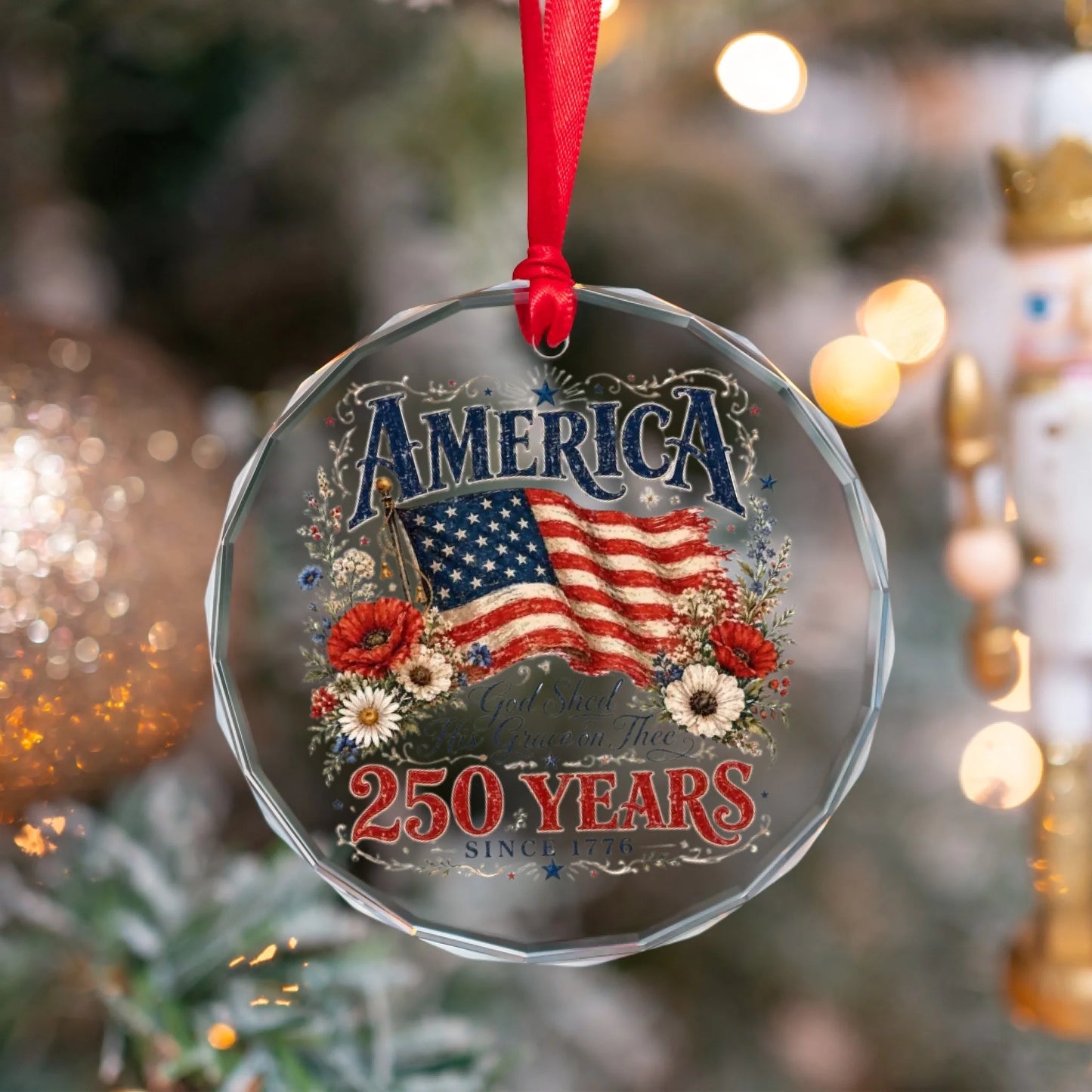 America 250 Years Patriotic Ornament 1776 2026 Flag Floral Wreath - SKU026