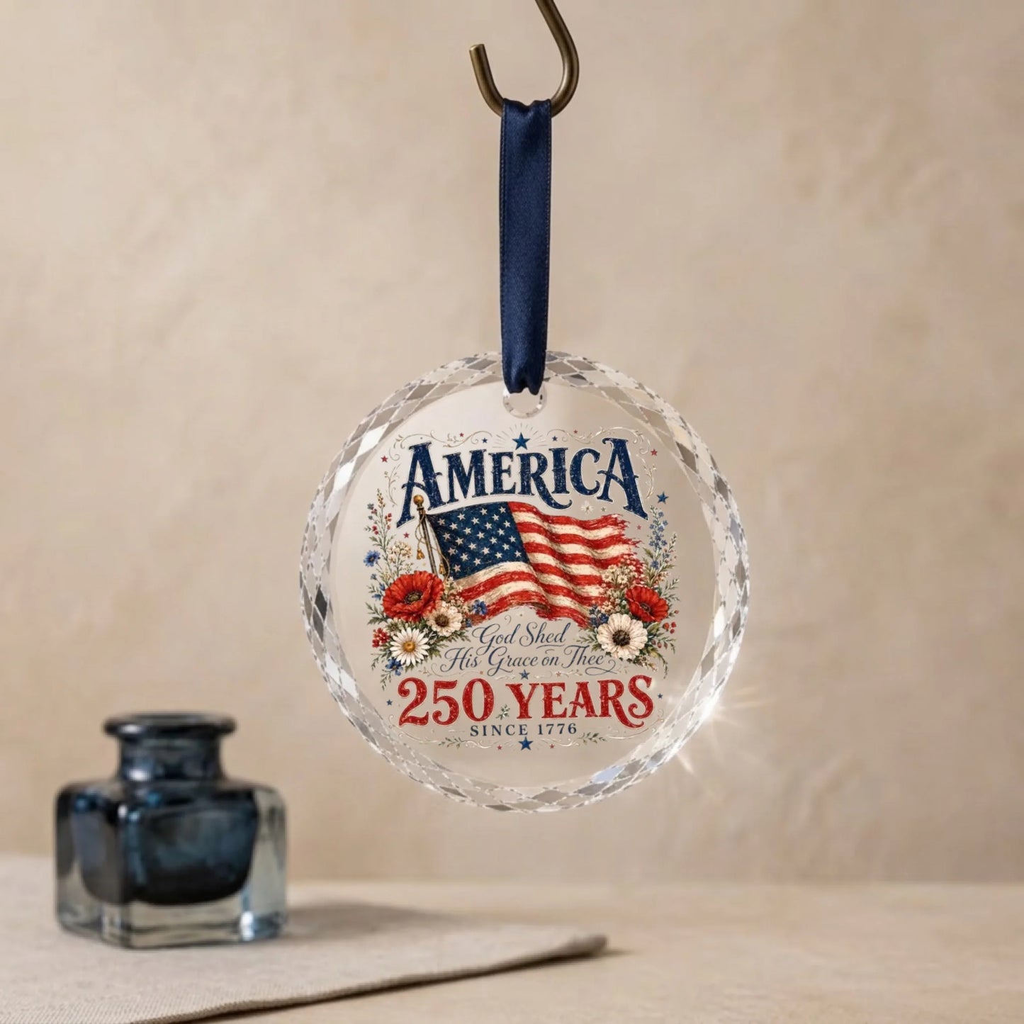 America 250 Years Patriotic Ornament 1776 2026 Flag Floral Wreath - SKU026