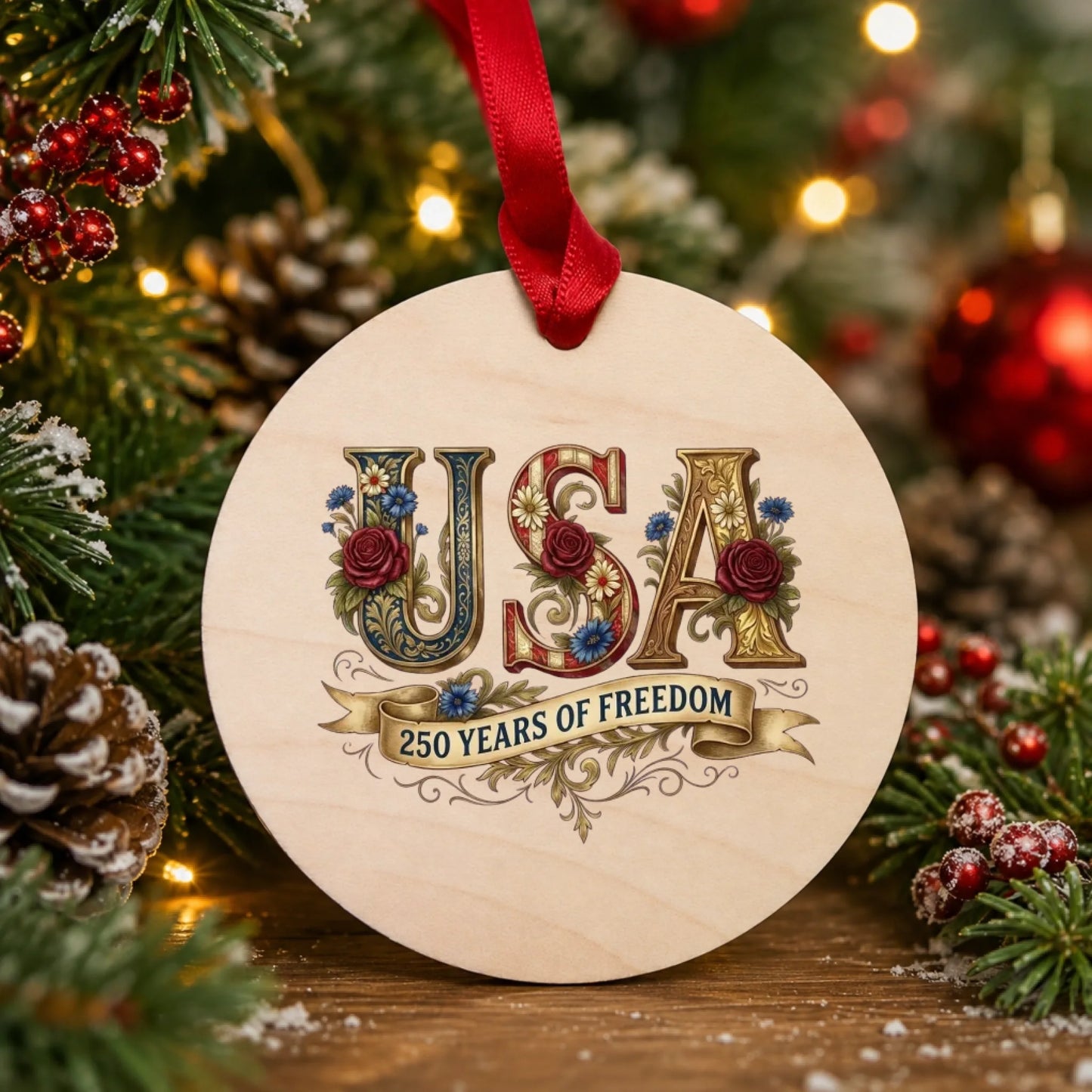 USA 250 Years of Freedom Ornament Vintage Rose Floral Ribbon - SKU024