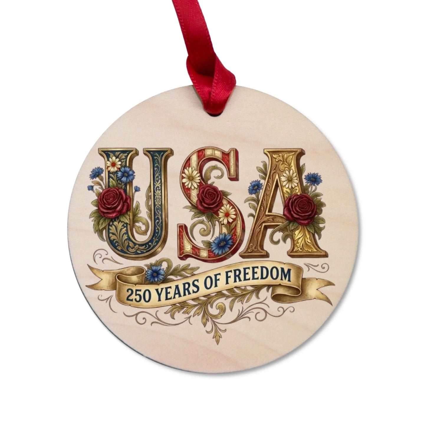 USA 250 Years of Freedom Ornament Vintage Rose Floral Ribbon - SKU024