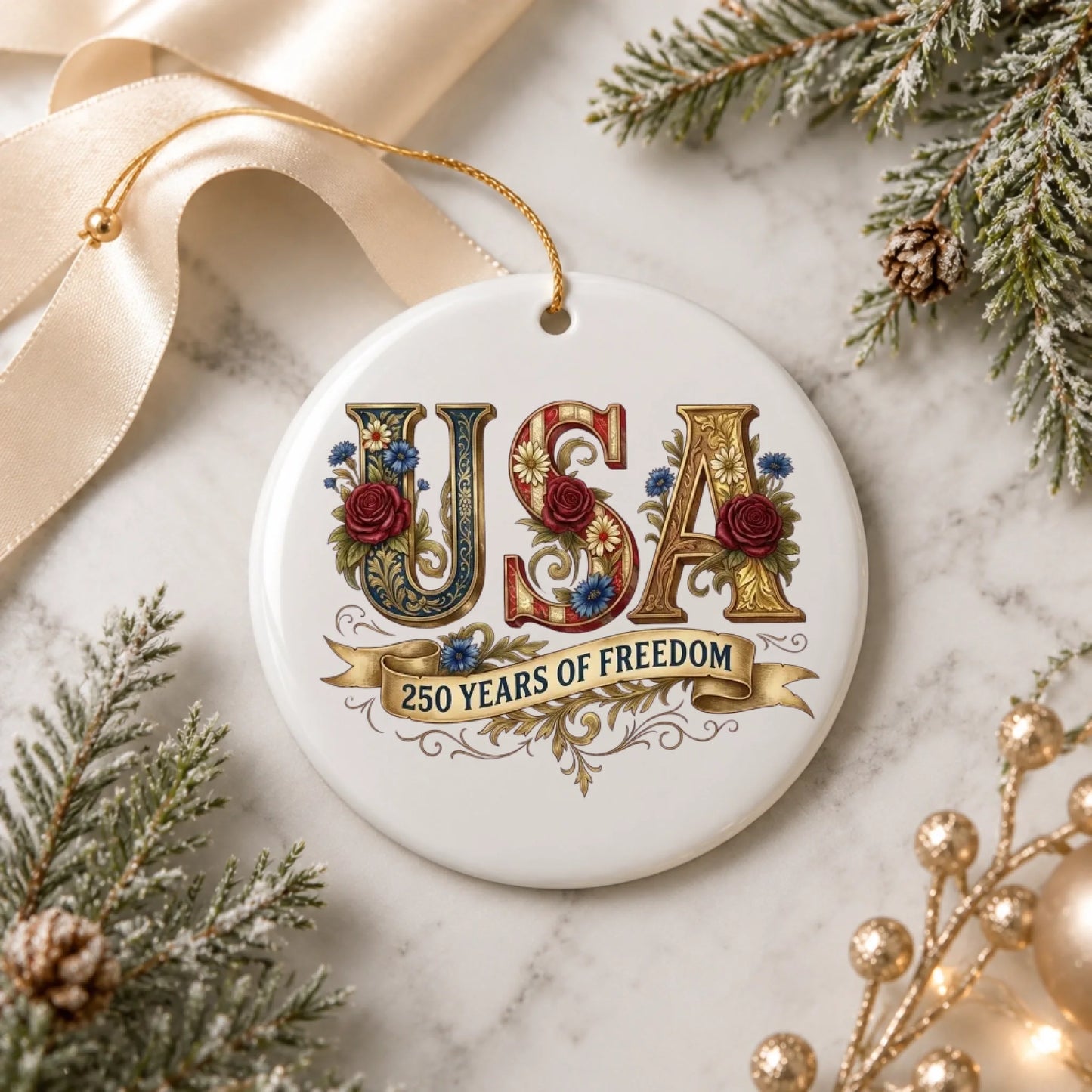 USA 250 Years of Freedom Ornament Vintage Rose Floral Ribbon - SKU024
