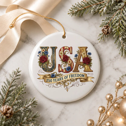 USA 250 Years of Freedom Ornament Vintage Rose Floral Ribbon - SKU024