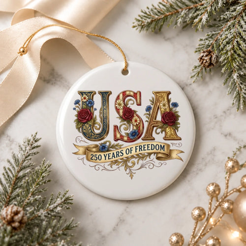 USA 250 Years of Freedom Ornament Vintage Rose Floral Ribbon - SKU024