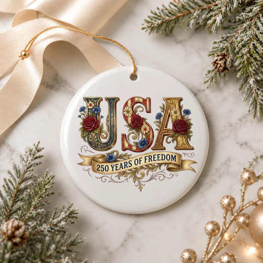 USA 250 Years of Freedom Ornament Vintage Rose Floral Ribbon - SKU024