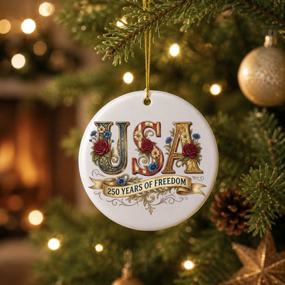 USA 250 Years of Freedom Ornament Vintage Rose Floral Ribbon - SKU024