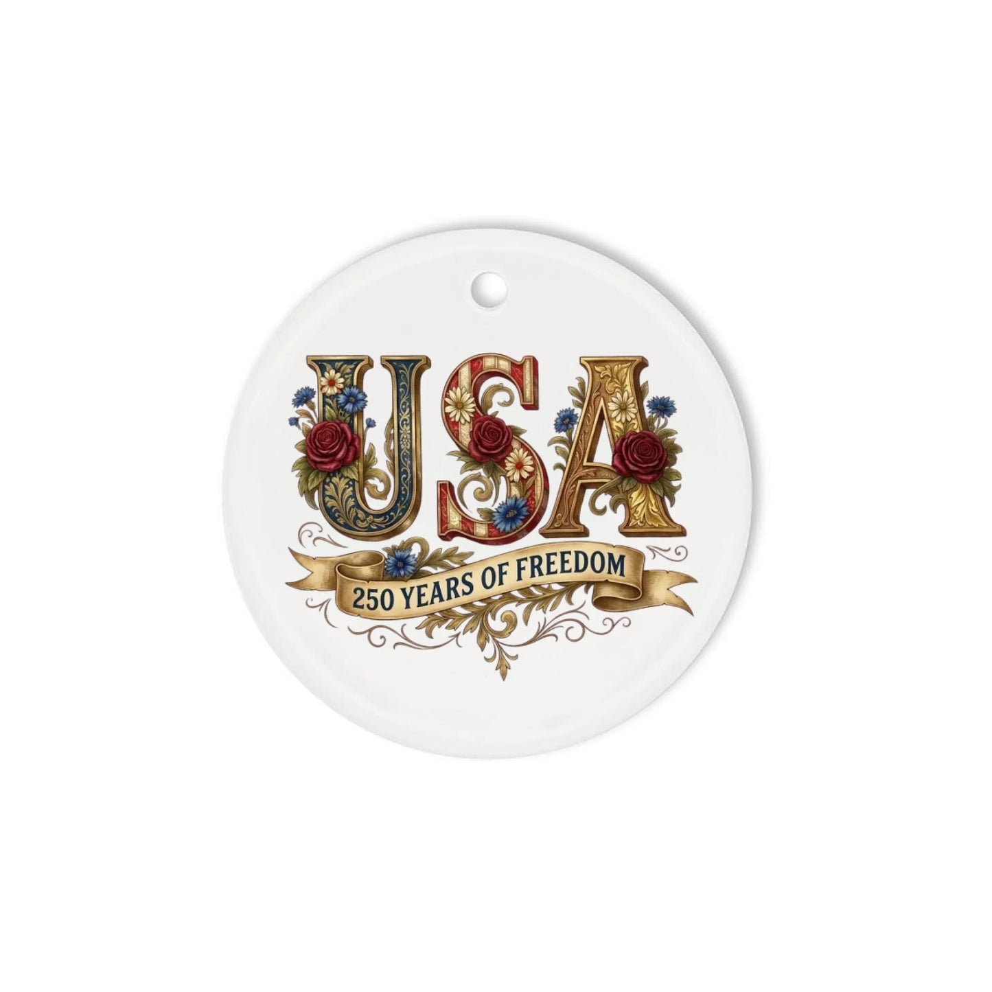 USA 250 Years of Freedom Ornament Vintage Rose Floral Ribbon - SKU024