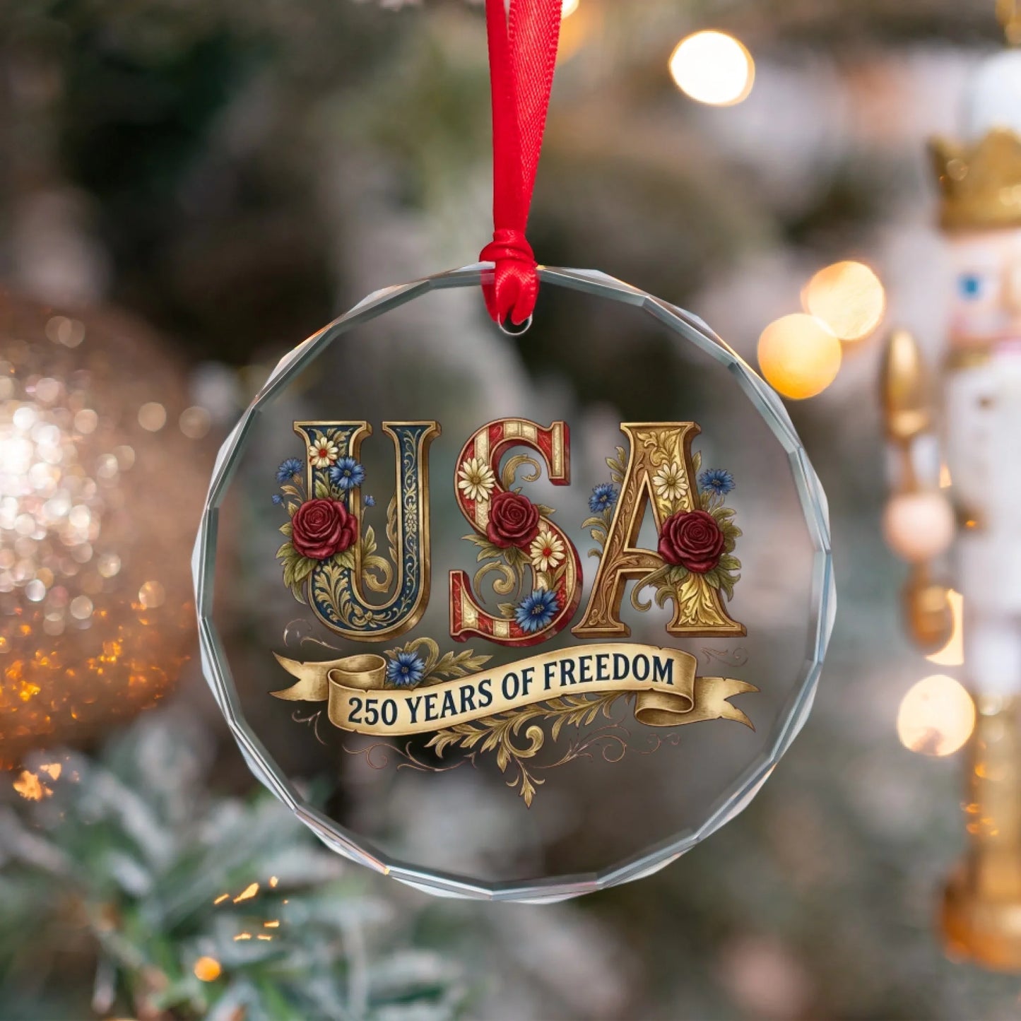 USA 250 Years of Freedom Ornament Vintage Rose Floral Ribbon - SKU024