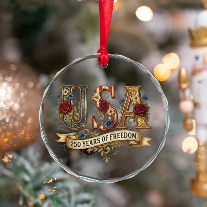 USA 250 Years of Freedom Ornament Vintage Rose Floral Ribbon - SKU024
