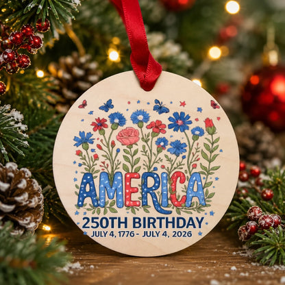 America 250th Birthday Ornament 1776 2026 Red White Blue Flowers - SKU022