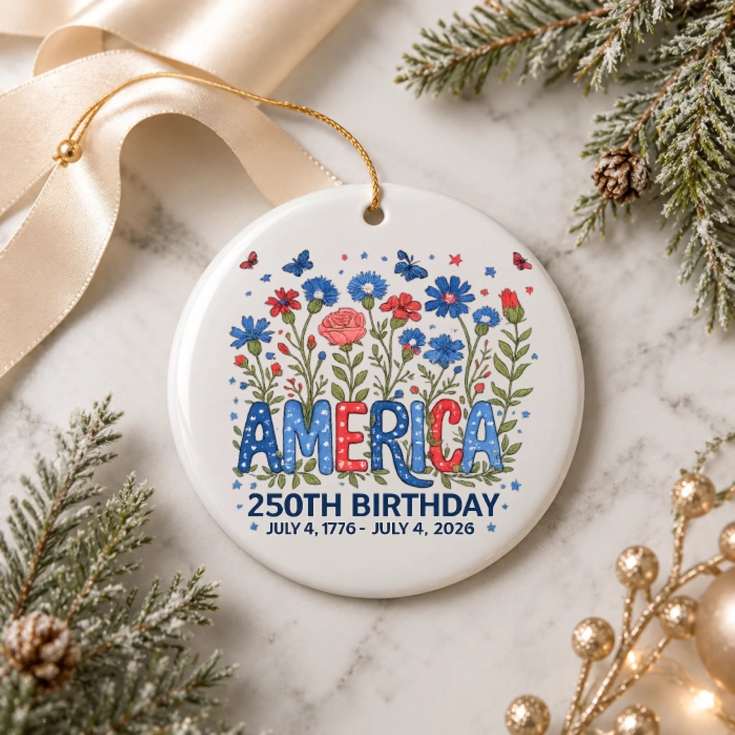 America 250th Birthday Ornament 1776 2026 Red White Blue Flowers - SKU022