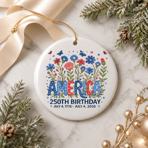 America 250th Birthday Ornament 1776 2026 Red White Blue Flowers - SKU022