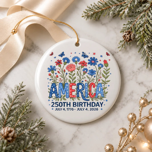 America 250th Birthday Ornament 1776 2026 Red White Blue Flowers - SKU022