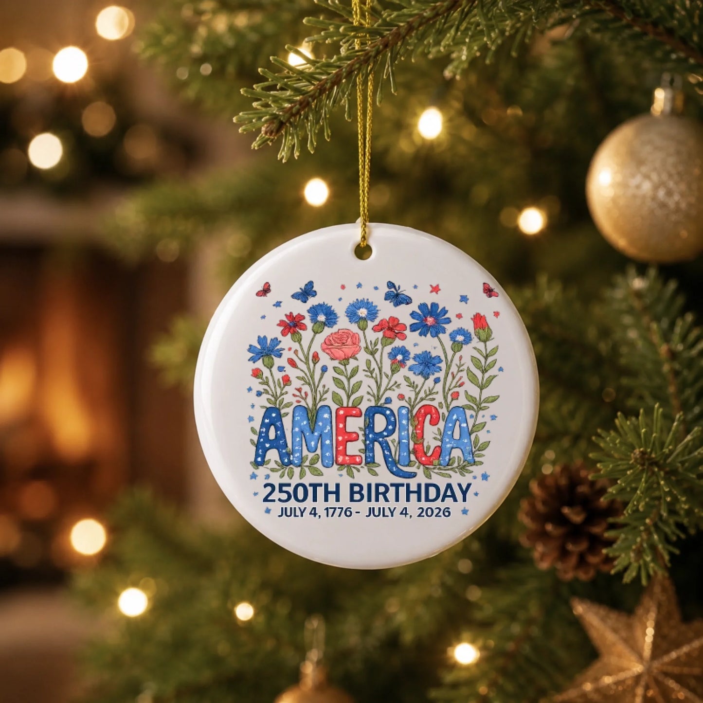 America 250th Birthday Ornament 1776 2026 Red White Blue Flowers - SKU022