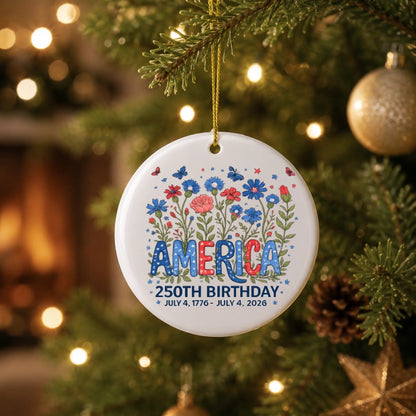 America 250th Birthday Ornament 1776 2026 Red White Blue Flowers - SKU022